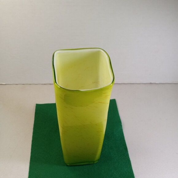 Green w/ Orange Streaks White Inside Art Studio Hand blown Vase Cottagecore - Picture 2 of 6